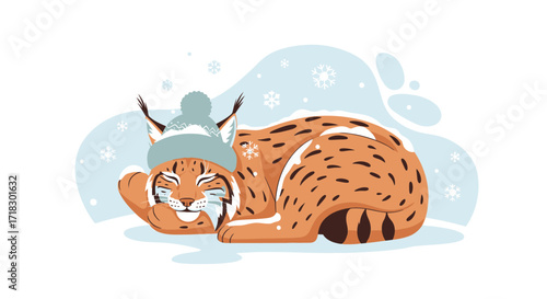 Playful Lynx Smiling Peacefully While Wearing Winter Hat and Enjoying Snowfall