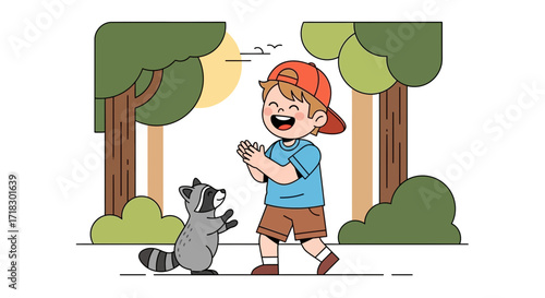Playful Moments: Sharing Joy Between a Child And Friendly Raccoon in a Forest Setting