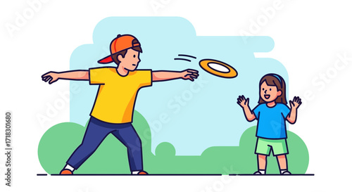 Playful Moment: Brother And Sister Enjoying Together A Game Of Frisbee Outdoors