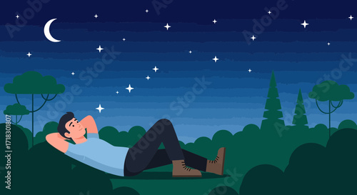 Person Gazing at the starry sky during the quiet night time relaxation