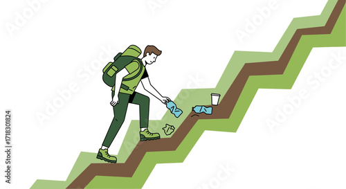 Person Hiking And Cleaning Up Litter On A Trail Depicting Environmental Responsibility