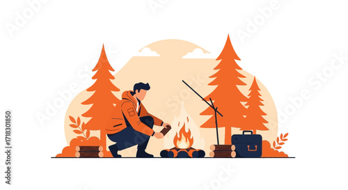 Preparing Campfire: A Colorful Vector Illustration Reflecting Outdoor Adventure Activities