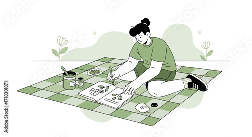 Person Illustrations Creating Art Outdoors, Enjoying Leisure Time During Daylight Hours