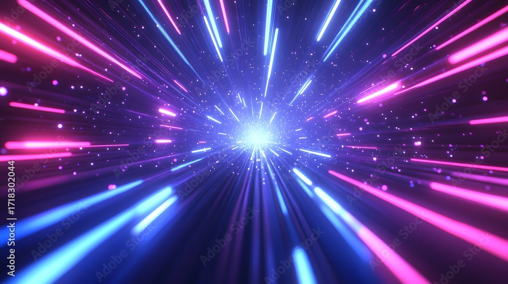 Fototapeta premium Dynamic neon lines converge toward a central point in a dark, futuristic space.