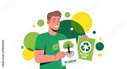 Promoting Environmental Sustainability: A Man Holding Eco-Friendly Message Illustrations