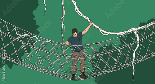 Person Navigating Suspended Rope Bridge in Lush Tropical Environment