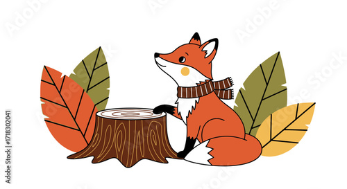 Quaint Fox Adorned With Scarf, Resting on a Tree Stump, and Seasonal Foliage Display