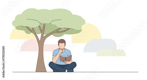 Quiet Contemplation: A Person Immersed In Thought While Reading Under A Shade Tree