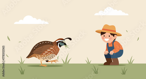 Quail And Young Farmer In Field Illustration Depicting Rural Life And Companionship