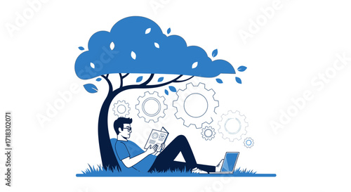 Quiet Contemplation: Person Reading Under Tree Amid Technological Conceptualization