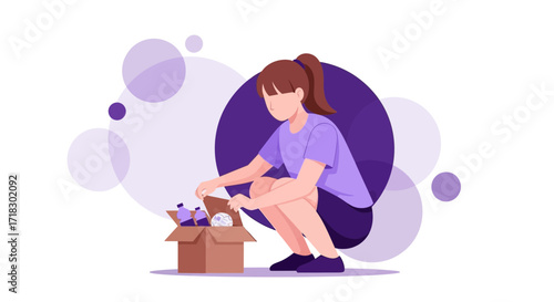Person Organizes, Packs, and Prepares Items in a Box, Conceptual Illustration, with Purple Hues