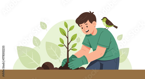 Person Planting A Tree With A Bird On Their Shoulder For Environmental Conservation