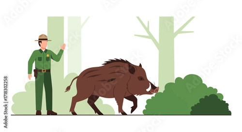 Ranger Observing Wild Boar in Wilderness of Nature Protected Area and Wild Animals
