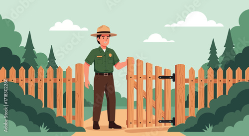 Ranger Opening Wooden Gate and Welcoming Guests into Verdant Landscape of Nature