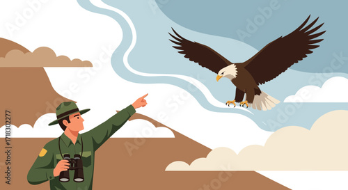 Ranger Spotting Majestic Bald Eagle Mid-Flight Against Scenic Natural Landscape