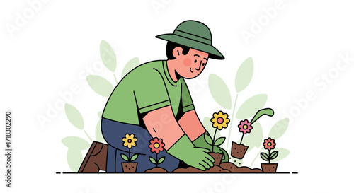 Person Planting Flowers For a Beautiful Garden in A Delightful Summertime Illustration