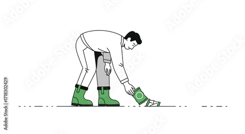 Person Planting, Green Boots And Packet; Monochrome Illustration On White Background