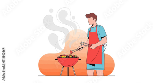 Person Prepares Food, Standing At A Grill, Wearing An Apron, Cooking Delicious Meal
