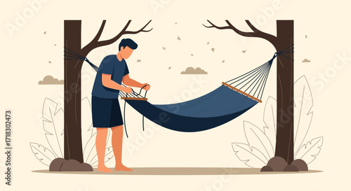 Person Preparing a Hammock Between Two Trees, Relaxation and Nature Setting