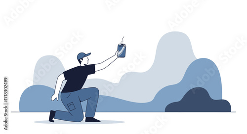 Person Presenting Beverage Can Abstract Scene With Atmospheric Mountainous Backdrop