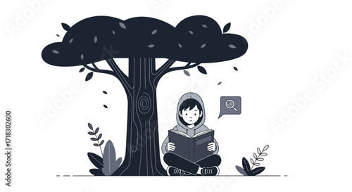 Person Reading Book Under Tree Representing Search and Knowledge in Simple Vector Style