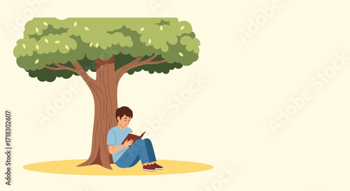 Person Reading Book Under Tree, Enjoying Leisure Time, Relaxing With Knowledge and Nature