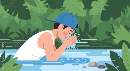 Refreshing Moment: A Young Person Revitalizes With Nature's Cool Clean Water