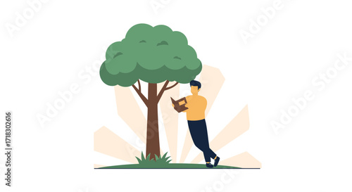 Person Reading Book Under Tree with Sunbeams Depicting Serene Moment Outdoors