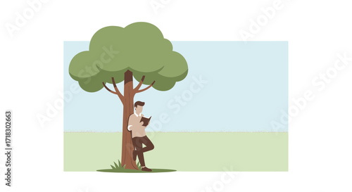 Person Reading Book Under Tree, Recreation, Solitude, Peaceful Moment, Vector Illustration