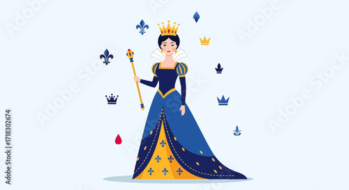 Regal Queen Holding Scepter Amidst Royal Emblems and Elegant Royal Attire