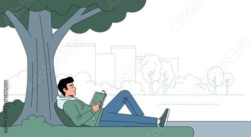 Relaxation Under Trees: A Tranquil Scene of Reading Leisure and Serenity Outdoors