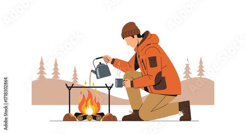 Person Relaxing By Campfire Pouring Hot Drink into Cup Enjoying Outdoor Leisure Time