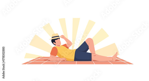 Person Relaxing Leisurely On A Mat, Enjoying Sunshine, In A Peaceful And Calm Moment