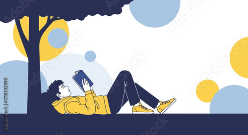 Person Relaxing Outdoors And Reading Under A Tree With Geometric Abstract Background