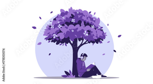 Relaxed Reader Under A Shady Tree Listening Music in Peaceful Illustrated Moment