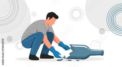 Person Removing Glass Fragments from Shattered Bottle, Accident Scene Illustration