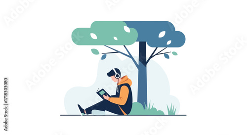 Person Resting Beneath Tree, Listening And Reading, Enjoying Beautiful Nature Scenery Now.