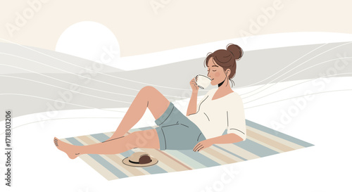 Relaxed Woman Enjoying Coffee On Beach Blanket During Sunny Day Calmness