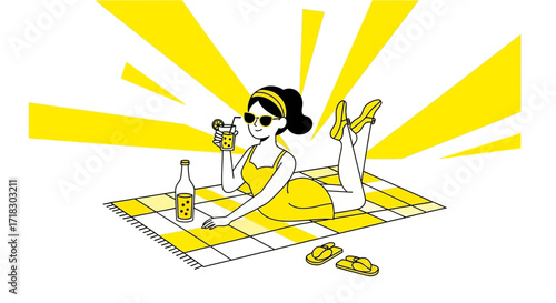Relaxed Woman Enjoying Summer with Sunshine, Drinks, and the Beach Feeling