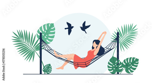 Relaxed Woman Enjoys Peaceful Moment on Hammock Serene Summer Day Illustration