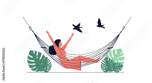 Relaxed Woman Enjoys Leisure In A Hammock While Birds Fly Overhead Relaxing Moment