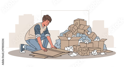 Person Sorting Through Cardboard Boxes Amidst Urban Landscape After Moving, Moving Day Scene
