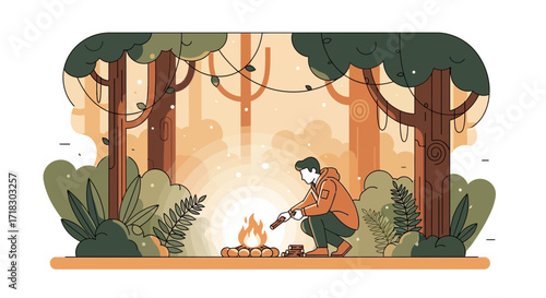 Person Starting Fire In Forest Beautiful Illustration Of Camping Life And Nature