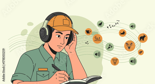 Person Studies Animal Sounds, Documenting Ornithology And Other Wildlife Noises Effectively