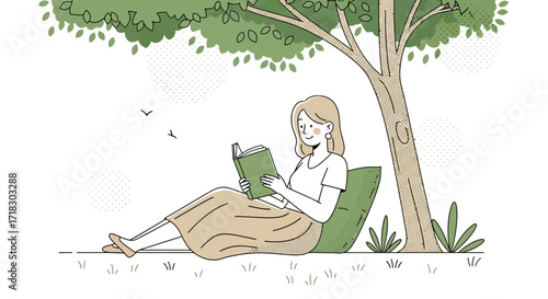 Relaxed Woman Reading Under a Tree Enjoying a Moment of Tranquility in Nature