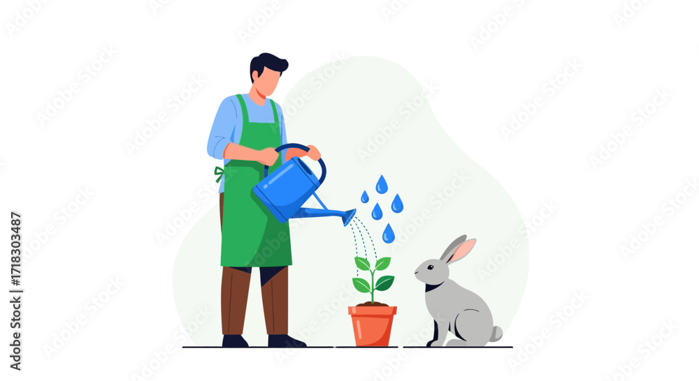 Fototapeta premium Person Watering a Plant in a Pot with a Rabbit Watching a Garden Scene