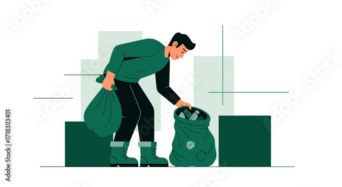 Person Volunteering, Packaging Refuse, Disposing Of Litter, Protecting The Environment, For Adobe