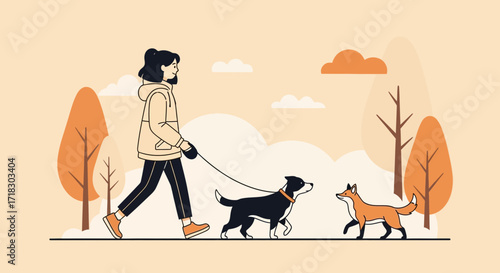 Person Walking Dogs in Park During Autumn Season with Artistic Vector Illustration