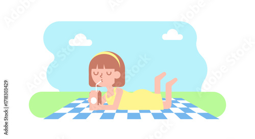 Relaxing Day: Girl Enjoying Drink On A Picnic Blanket In The Park Outdoors