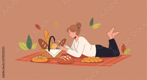 Relaxing Day At A Picnic Enjoying Freshly Baked Bread With Autumnal Leaves
